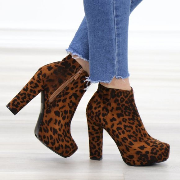 Shoes - Leopard Suede Platform Ankle Heeled Booties